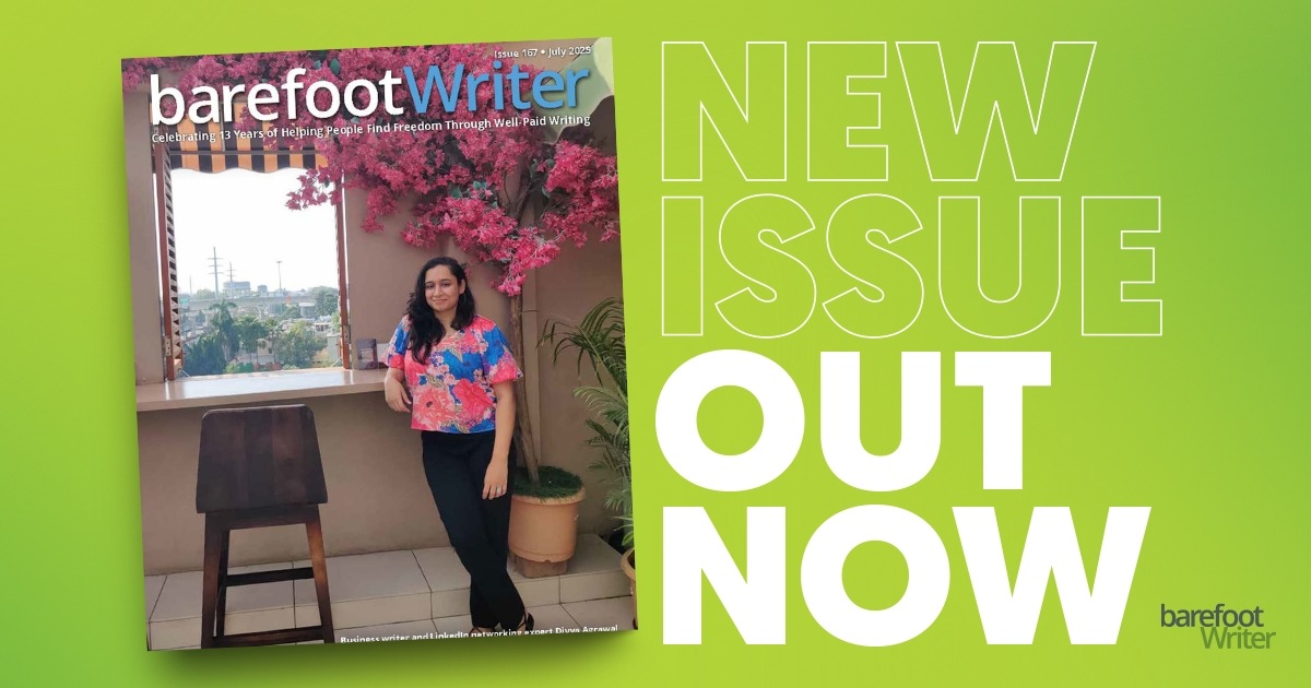 A banner with the July Barefoot Writer Magazine cover with the words: New Issue Out Now