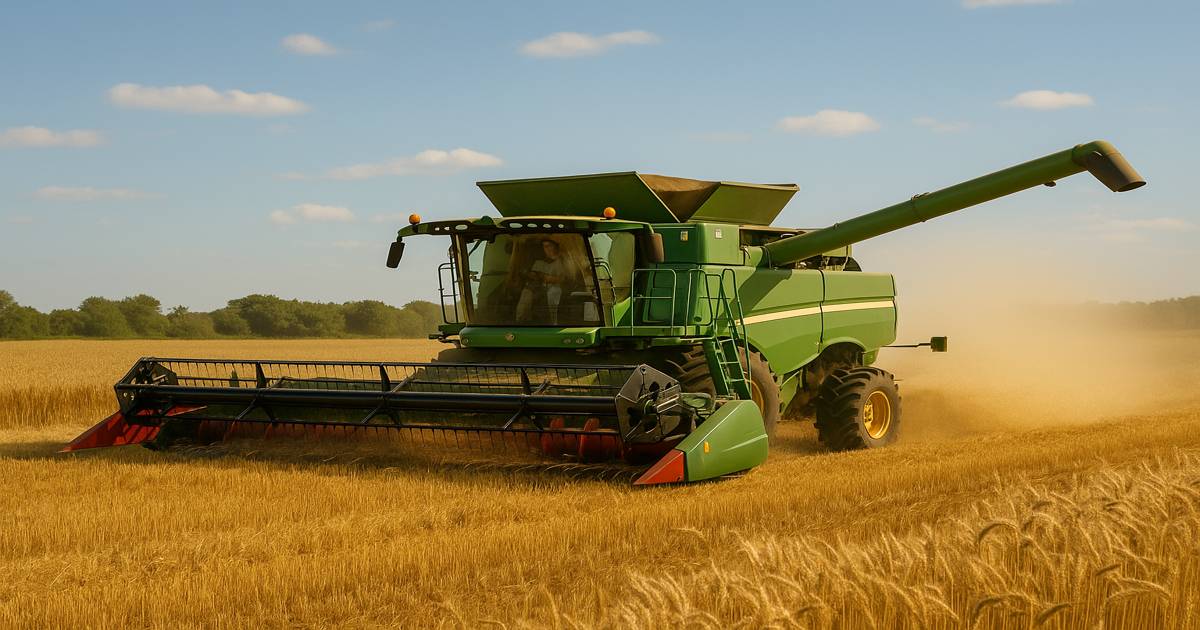 Image of a combine harvester working in a field