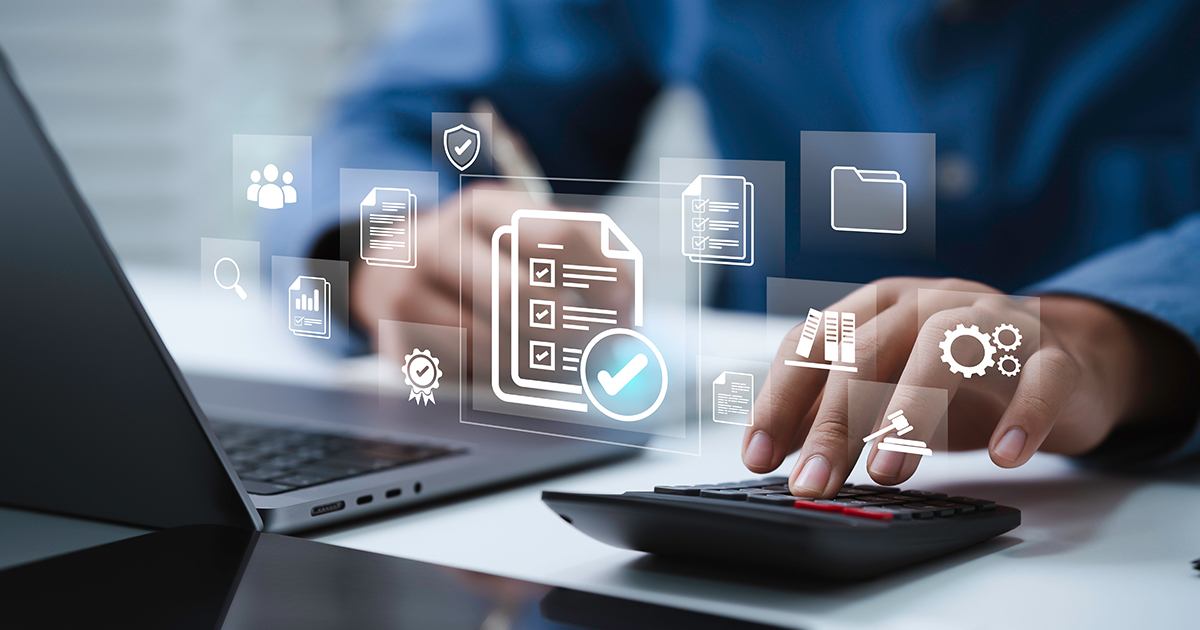 Person working at a desk with a laptop and calculator, surrounded by digital icons representing documents, data charts, folders, gears, and checklists, symbolizing accounting, finance, and digital record management.