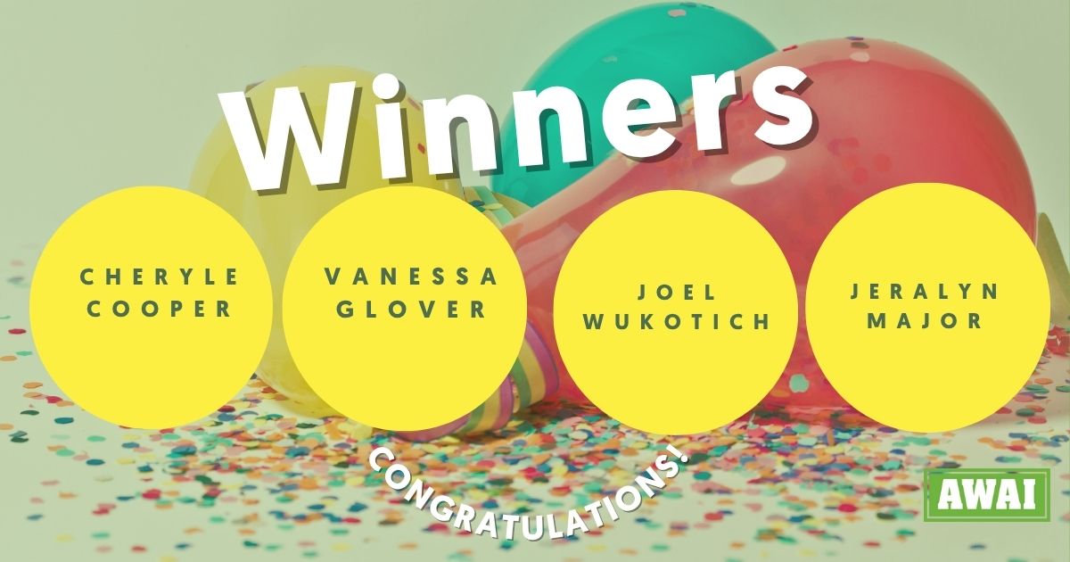 Banner announcing Cheryle Cooper, Vanessa Glover, Joel Wukotich and Jeralyn Major as the winners of the July writing contest
