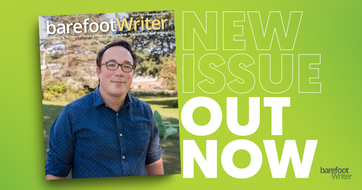 A banner with the September Barefoot Writer Magazine cover with the words: New Issue Out Now