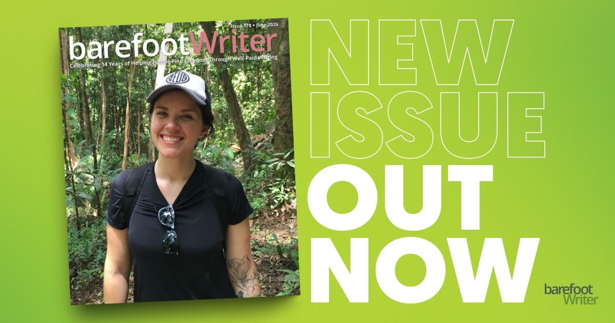 A banner with the June Barefoot Writer Magazine cover with the words: New Issue Out Now