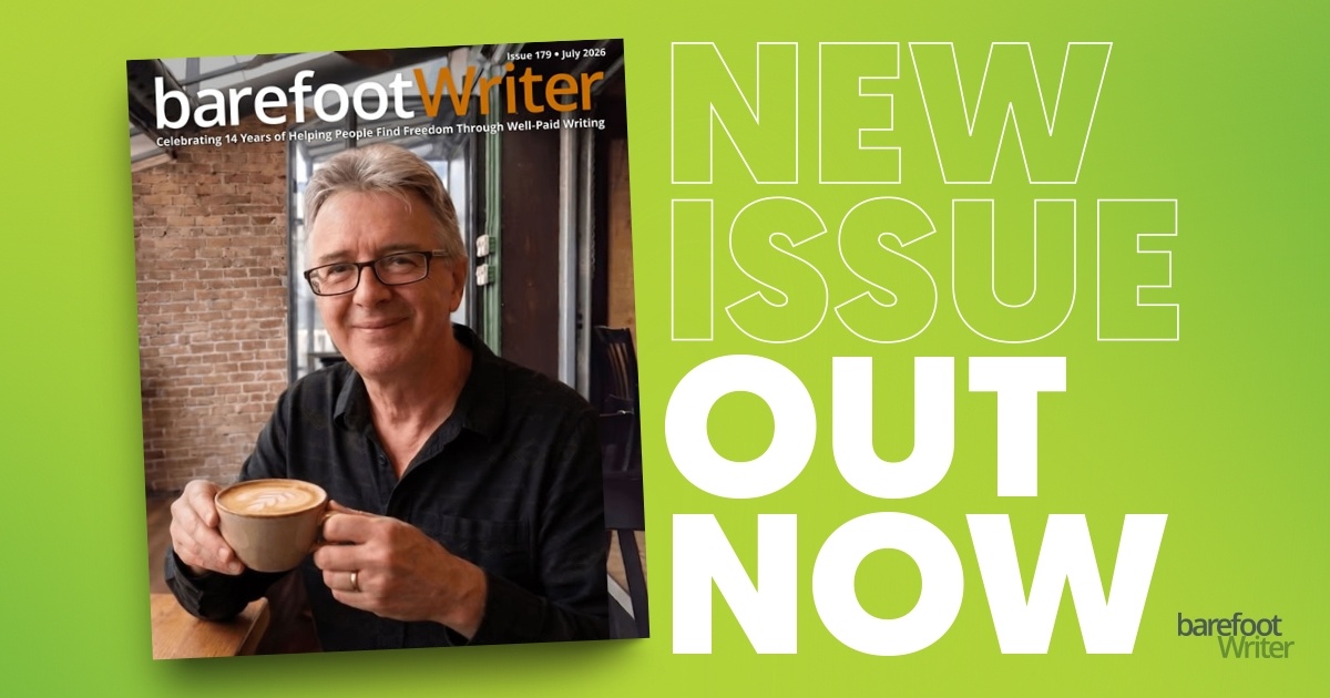 A banner with the July Barefoot Writer Magazine cover with the words: New Issue Out Now