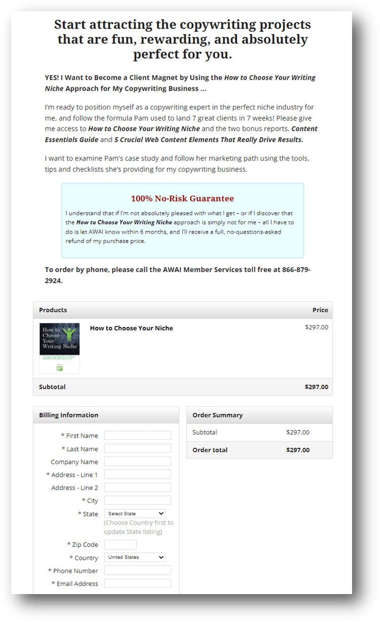 Order Page Copy Example