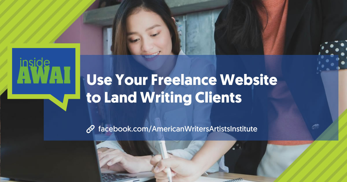 Smiling woman sitting at laptop while colleague shows work on desk with text overlay Use Your Freelance Website to Land Writing Clients