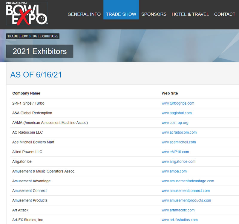 Screen shot of exhibitor list from Bowl Expo&rsquo;s website