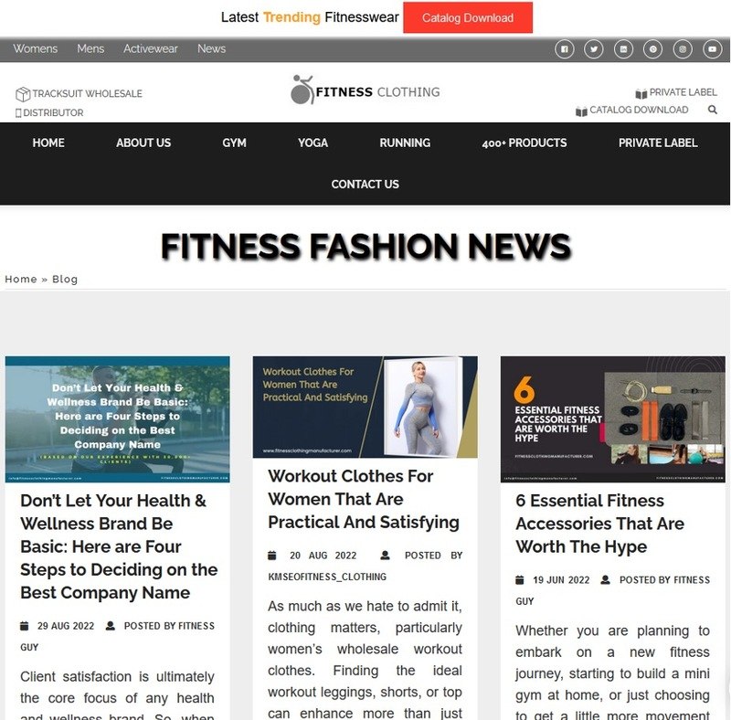 Screen shot of Fitness Clothing&rsquo;s company blog