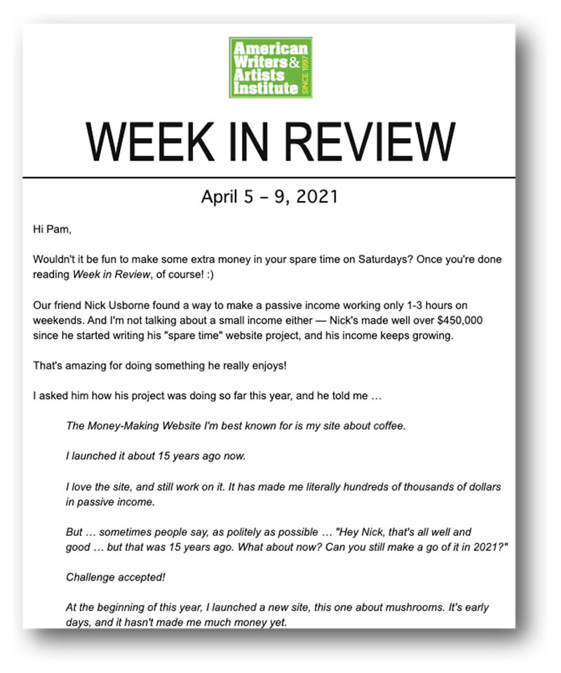 An example of AWAI&rsquo;s weekly newsletter