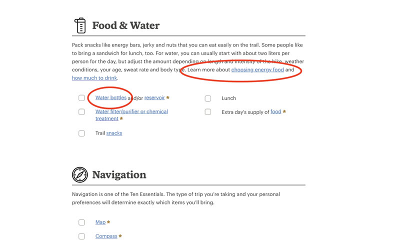 A screenshot of REI&rsquo;s Day Hiking Checklist, with a link to a blog post and a link to a product page highlighted in red.